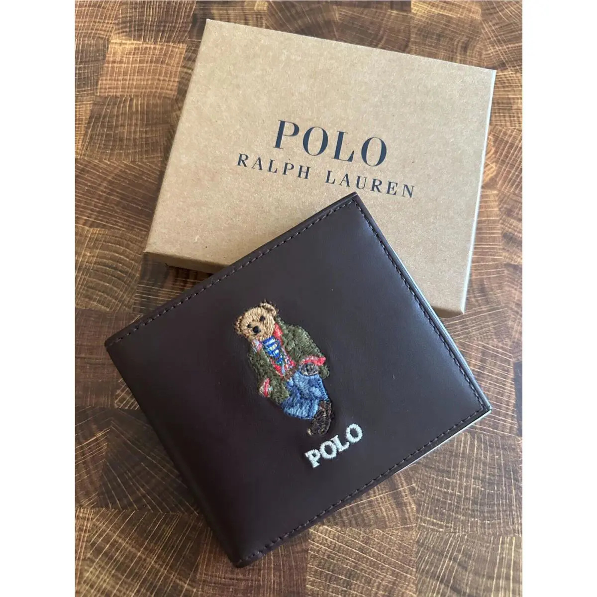 Polo Ralph Lauren Men`s Polo Bear Leather Card Case Brown Multi