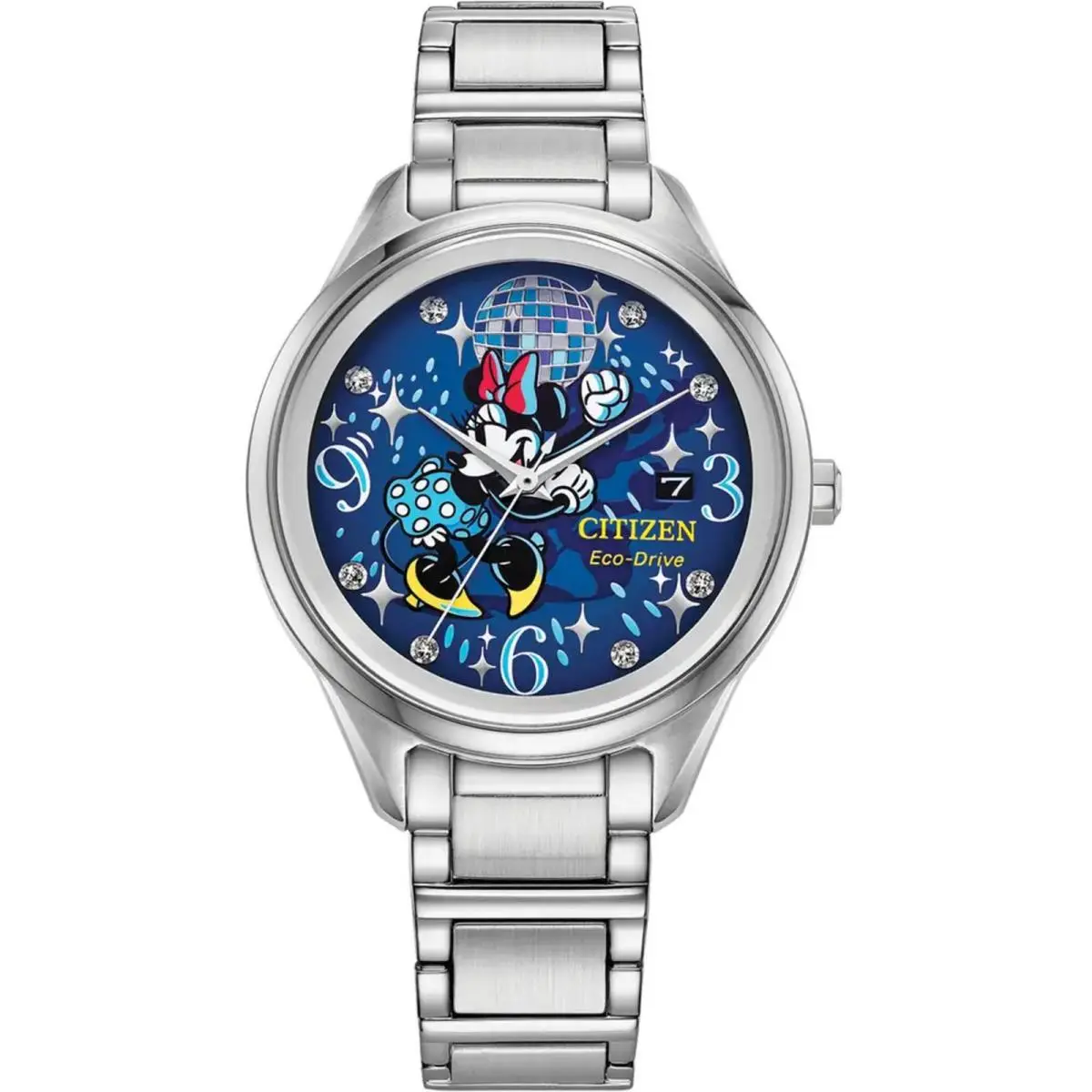 Citizen Women`s Watch Disney Disco Minnie Eco-drive Silver Bracelet FE6106-52W - Dial: Blue, Band: Silver