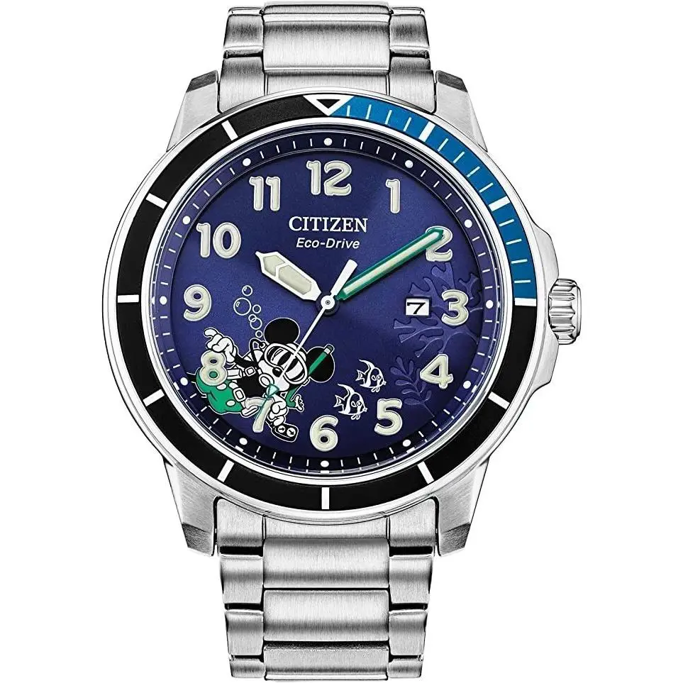 Citizen AW1529-81W Disney Mickey Mouse Eco-drive Blue Dial Stainless Men`s Watch - Dial: Blue, Band: Silver, Bezel: Blue