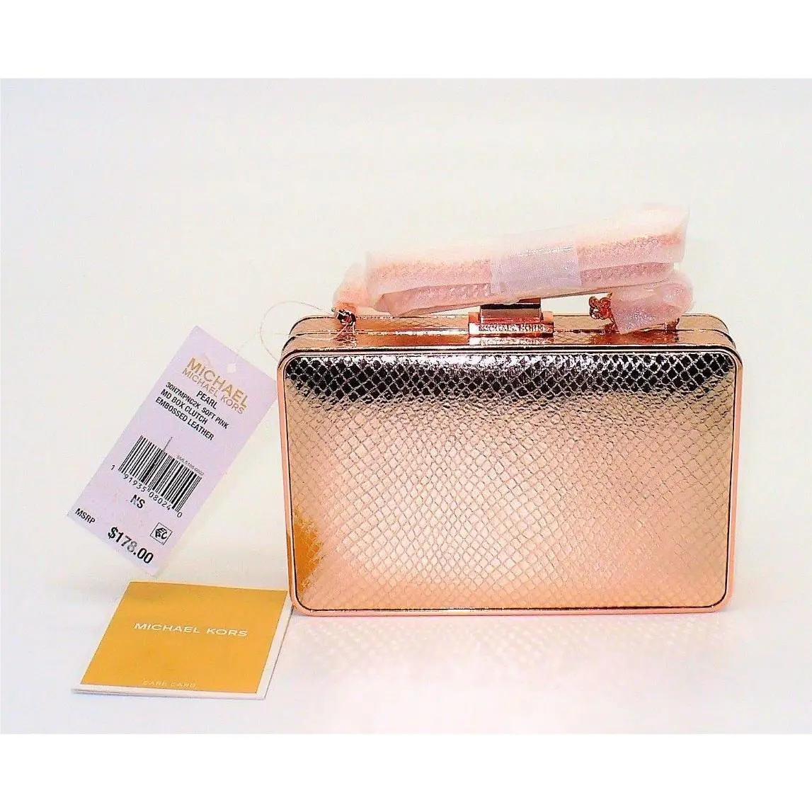 Michael Kors Clutch Box Shoulder Purse Handbag Pearl Soft Pink Leather Womens NS