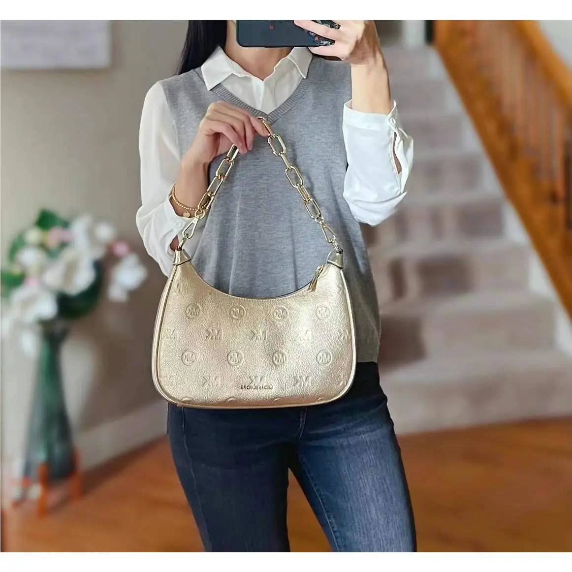 Michael Kors Cora Large Zip Pouchette Crossbody Shoulder Bag Embossed Pale Gold