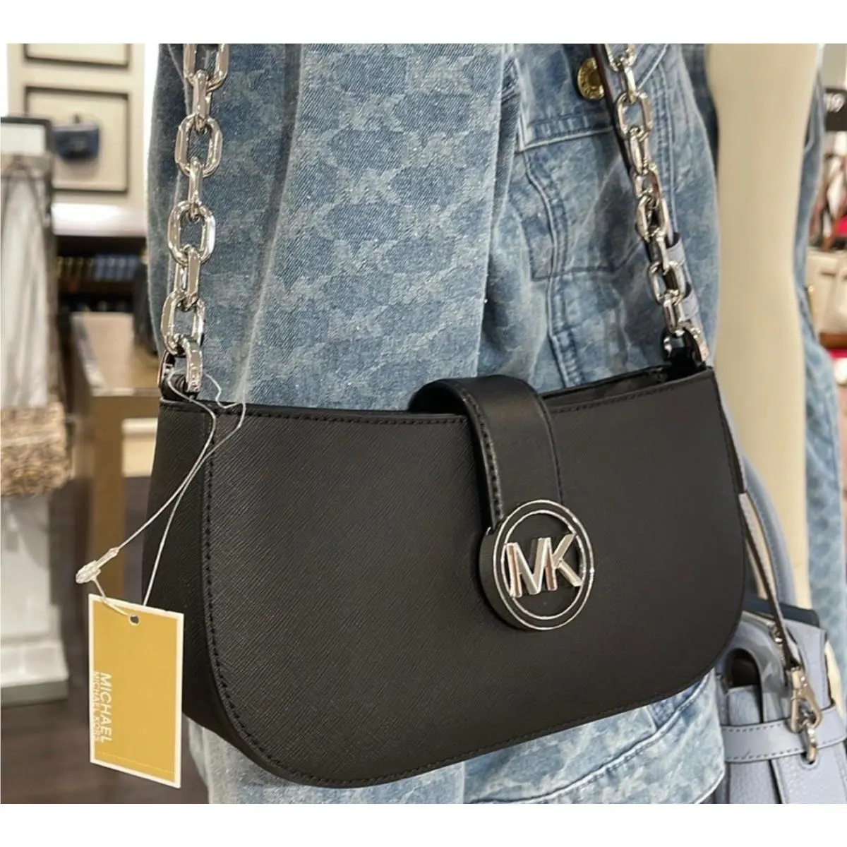 Michael Kors Carmen Small Shoulder Chain Bag IN Black Silver