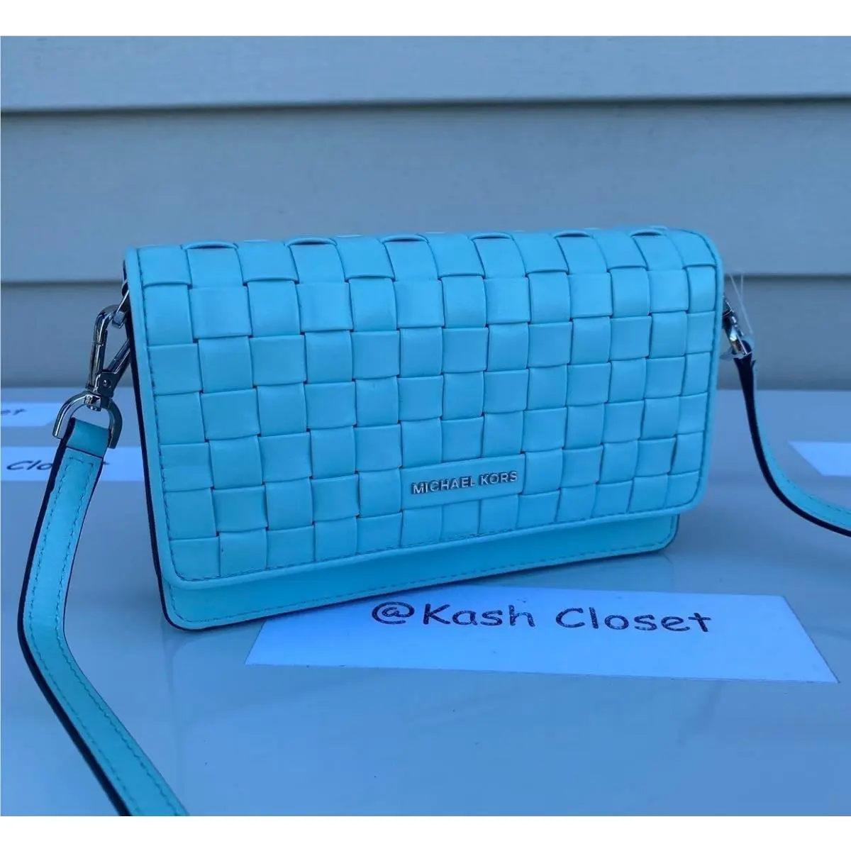 Michael Kors Crossbody Phone Jet Set Leather Woven Aqua