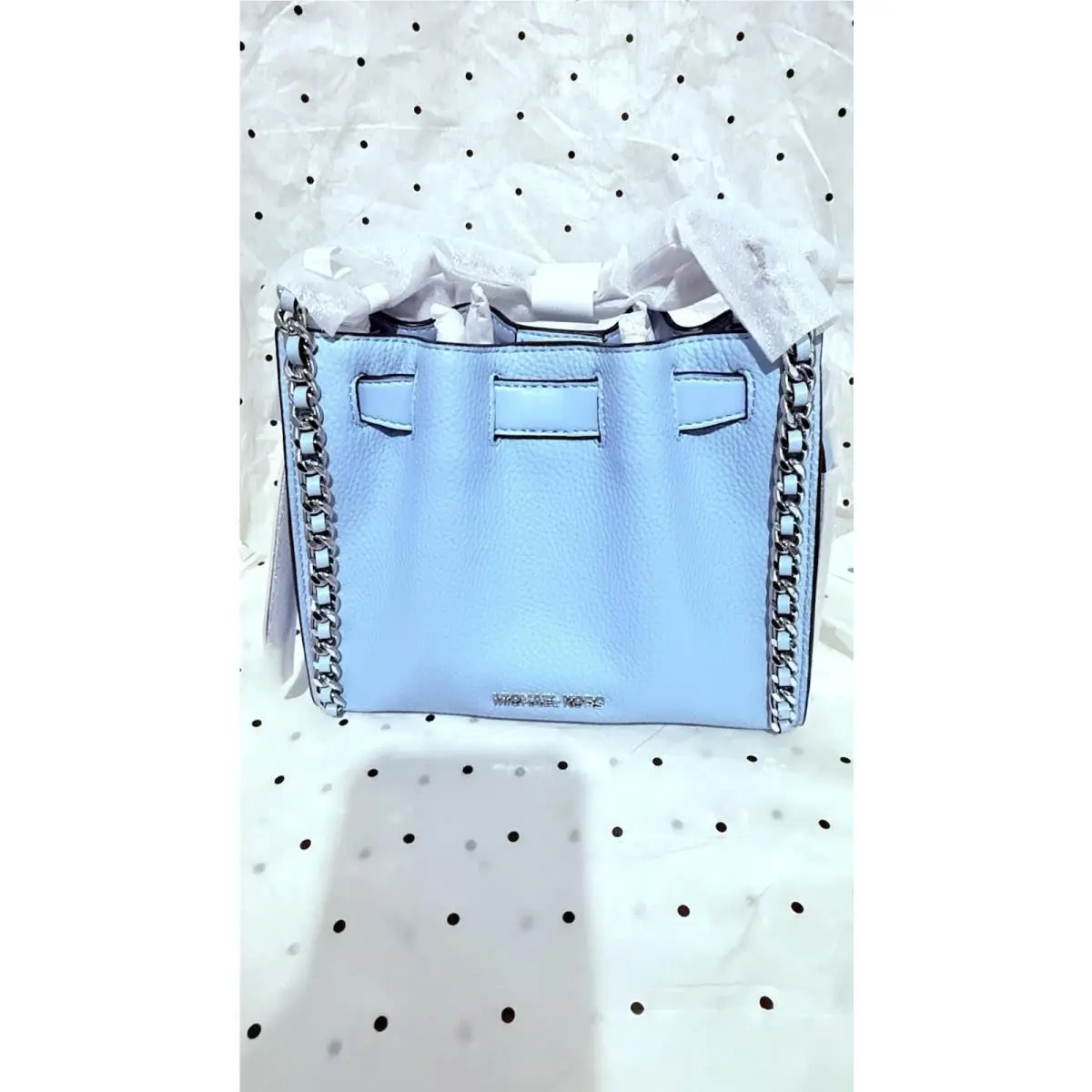 Michael Kors Mina Small Suede Leather Chain Woven Crossbody Bag Blue