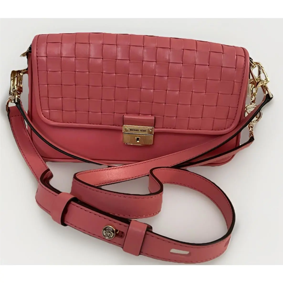 Michael Kors Bradshaw Woven Leather Crossbody Shoulder Bag Rose