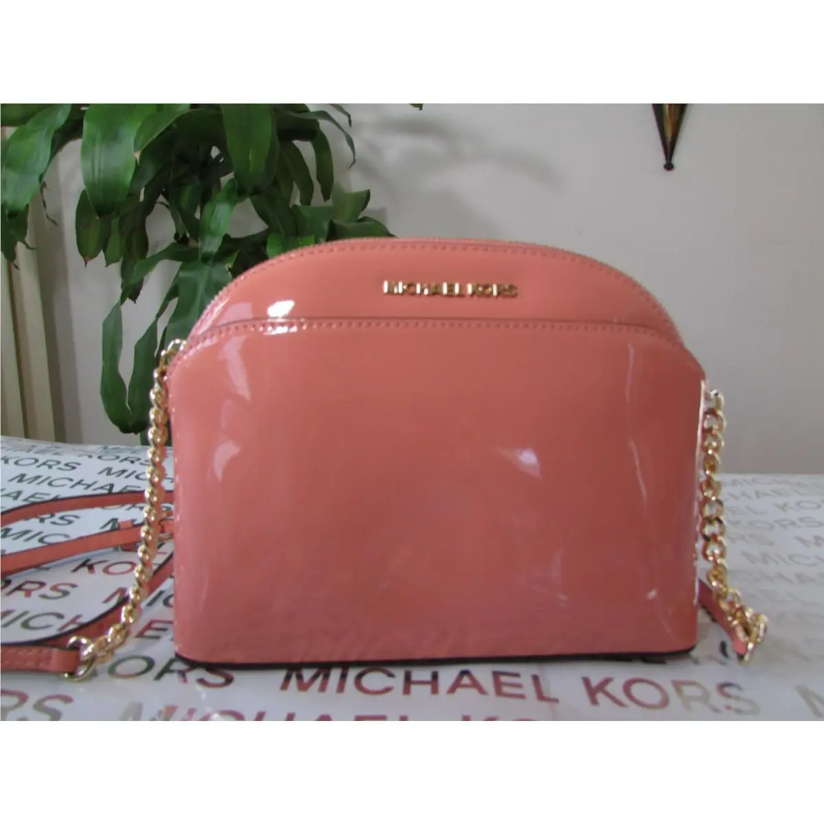 Michael Kors Patent Leather Emmy Medium Dome Crossbody Peach