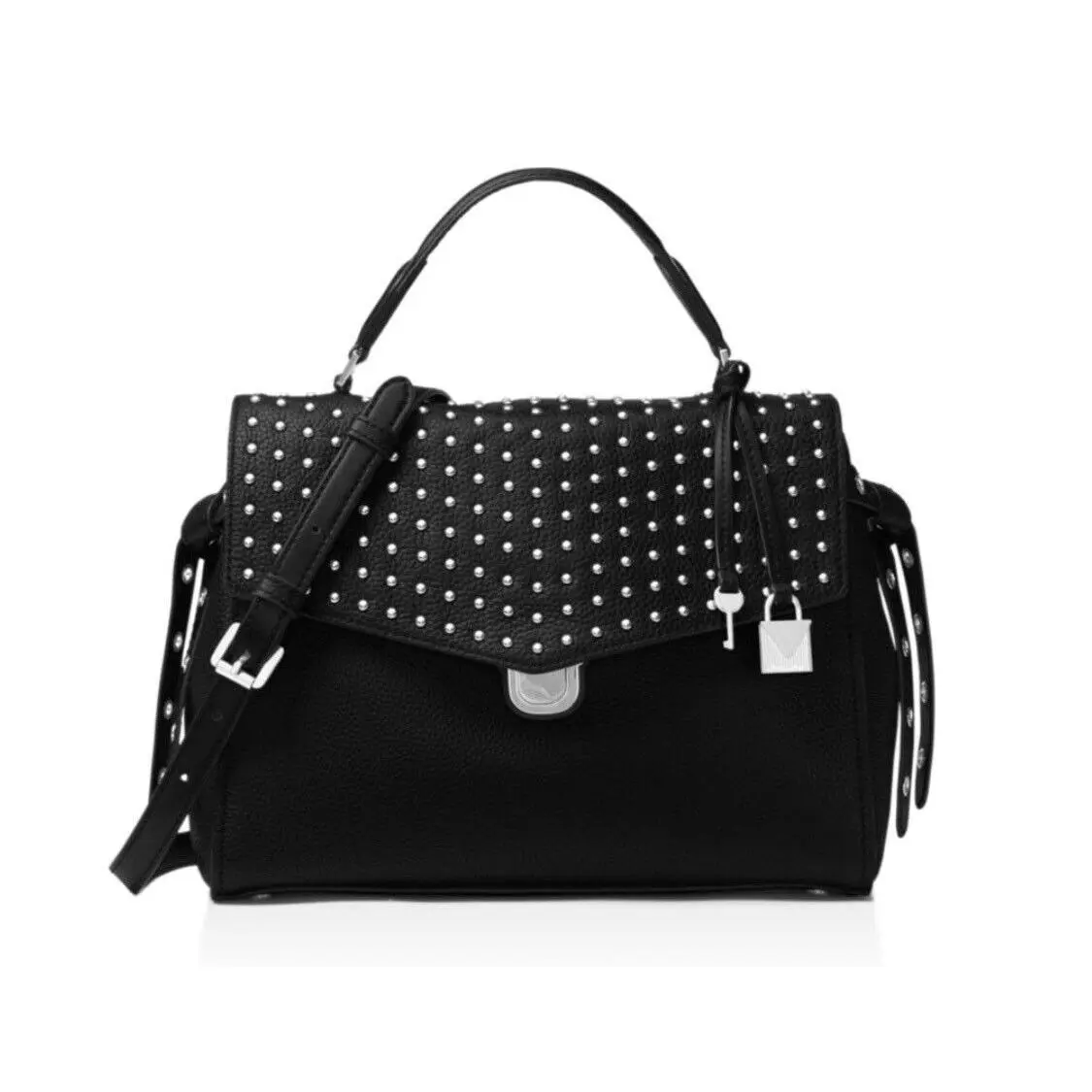 Michael Kors Bristol Top Handle Medium Satchel Leather Black Silver Hardware