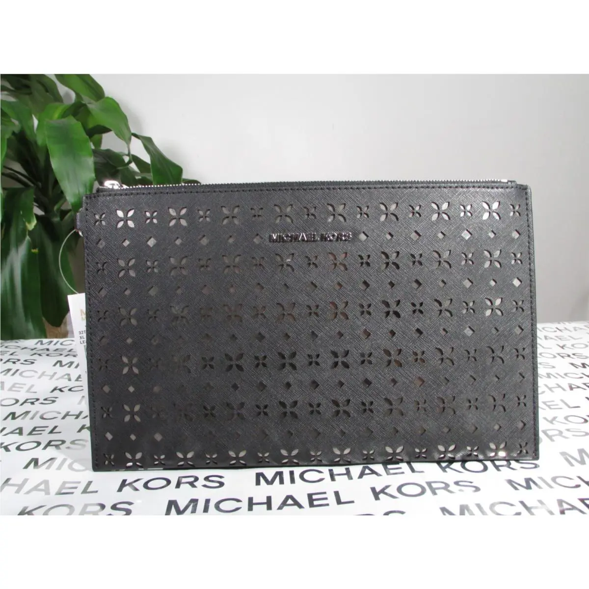 Michael Kors Saffiano Leather XL Clutch Wristlet Black / Nickel