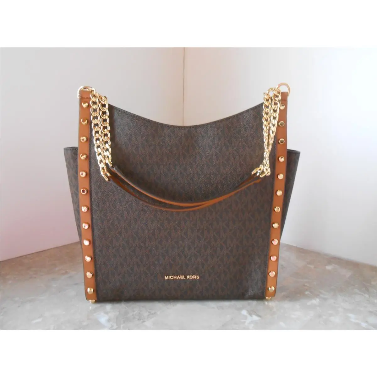 Michael Kors Bury Medium Chain Stud Shoulder Bag MK Signature Brown