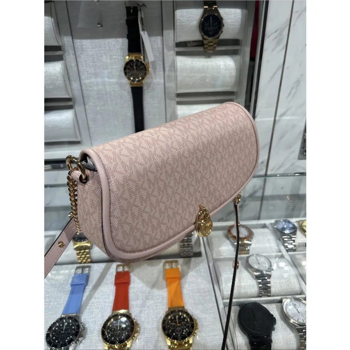 Michael Kors Mila Medium Crossbody Bag Purse Blush Pink Logo Gold Handbag Women