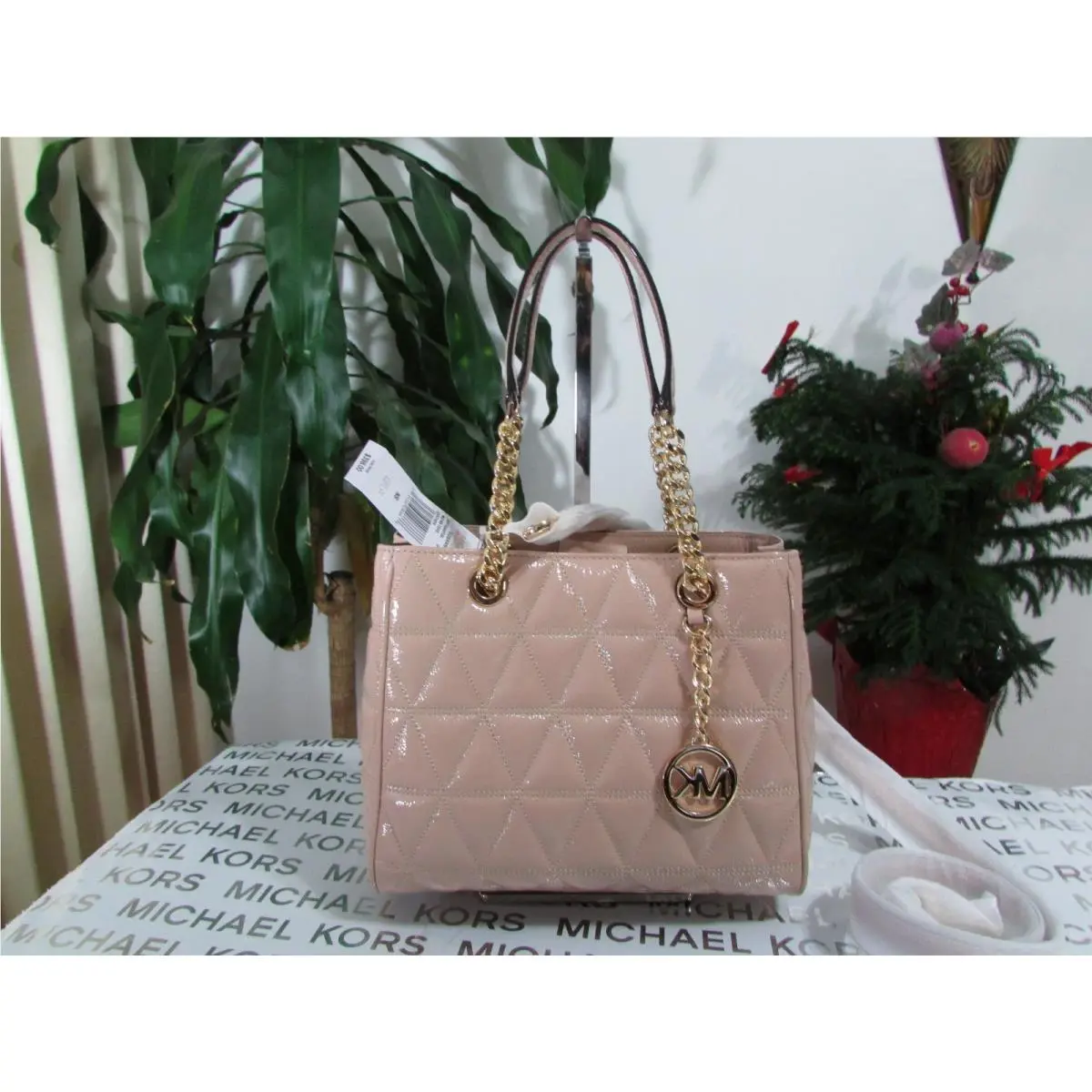 Leather Susannah Medium NS Tote Crossbody Bag Oyster by Michael Kors