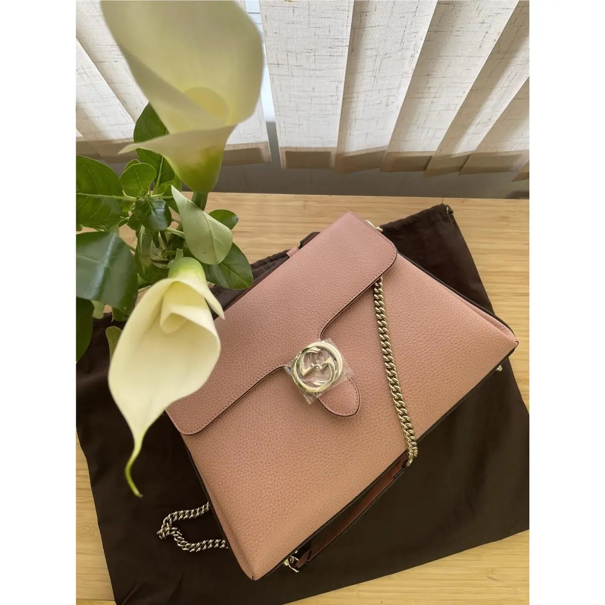Interlocking GG Chain Pink Leather Cross Body Large Top Handle Bag by Gucci