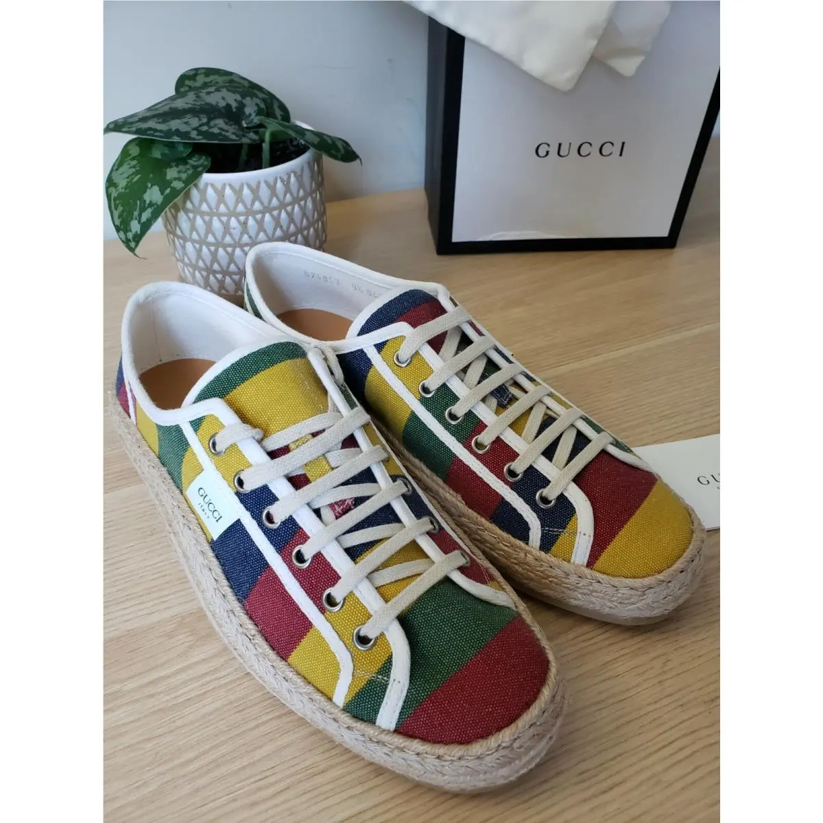 Gucci Mens Shoes Baiadera Striped Canvas Espadrille Trainer Size 9.5 10.5