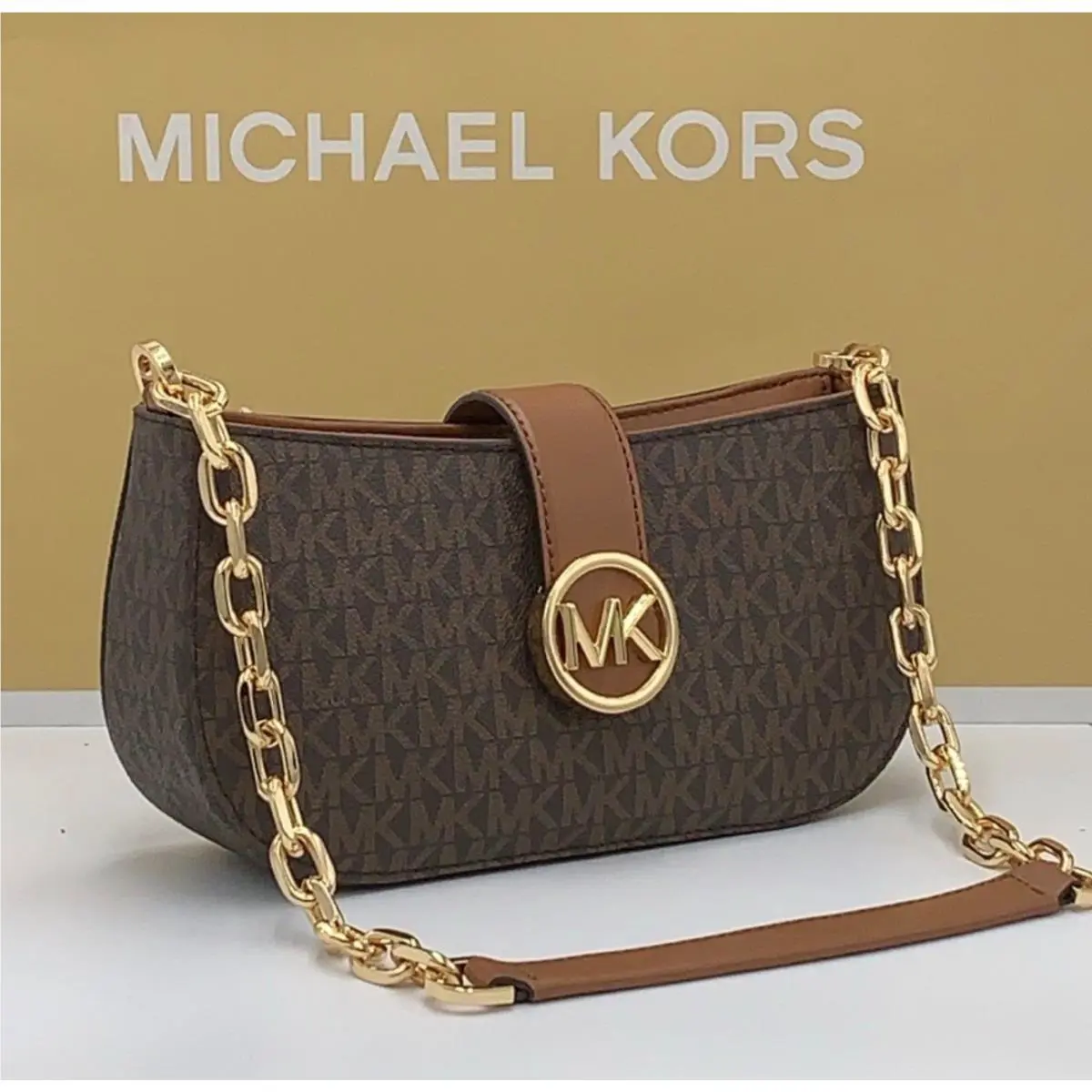 Michael Kors Carmen Small Shoulder Chain Bag IN Brown