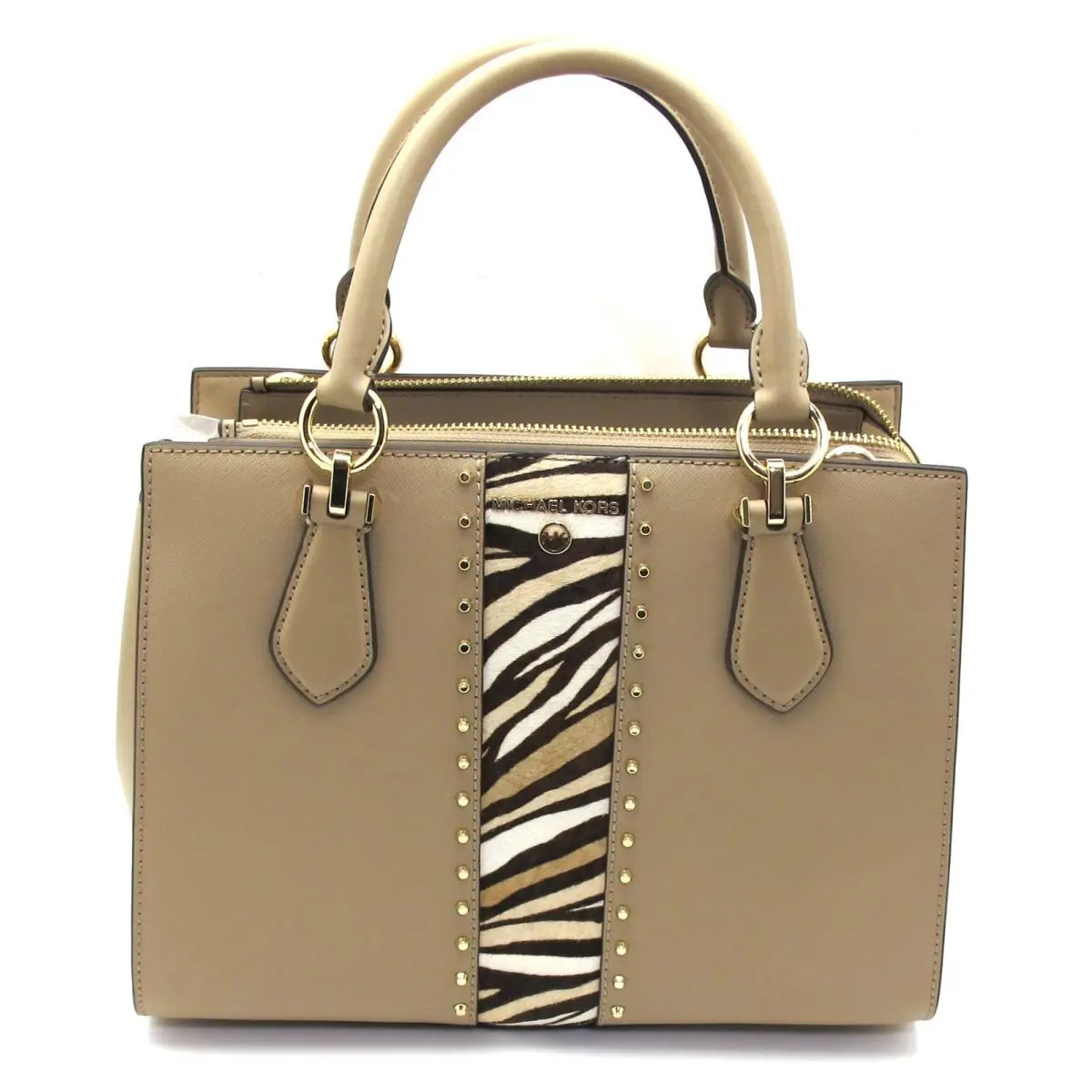 Michael Kors Marilyn Leather MD Satchel/shoulder Zebra Stripe/studs Camel
