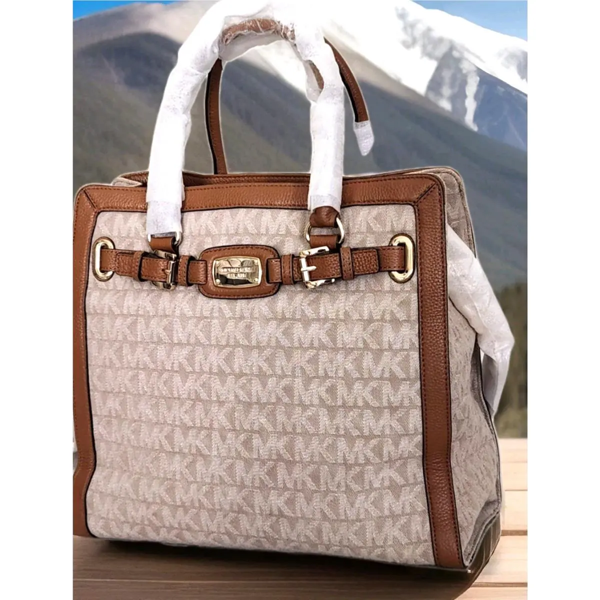 Hamilton Frame Out Dark Khaki Jacquard Acorn Large Tote Bag by Michael Kors