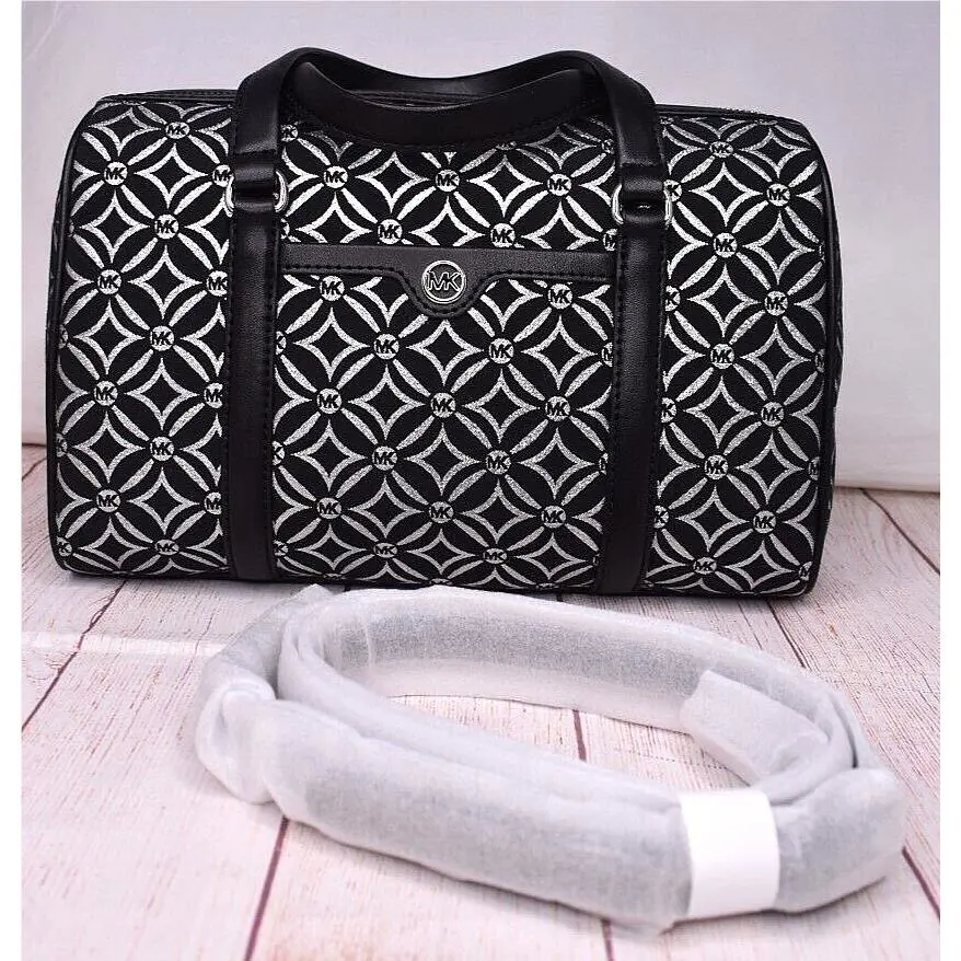 Michael Kors Medium Duffle Satchel Travel Black Silver Crossbody Purse