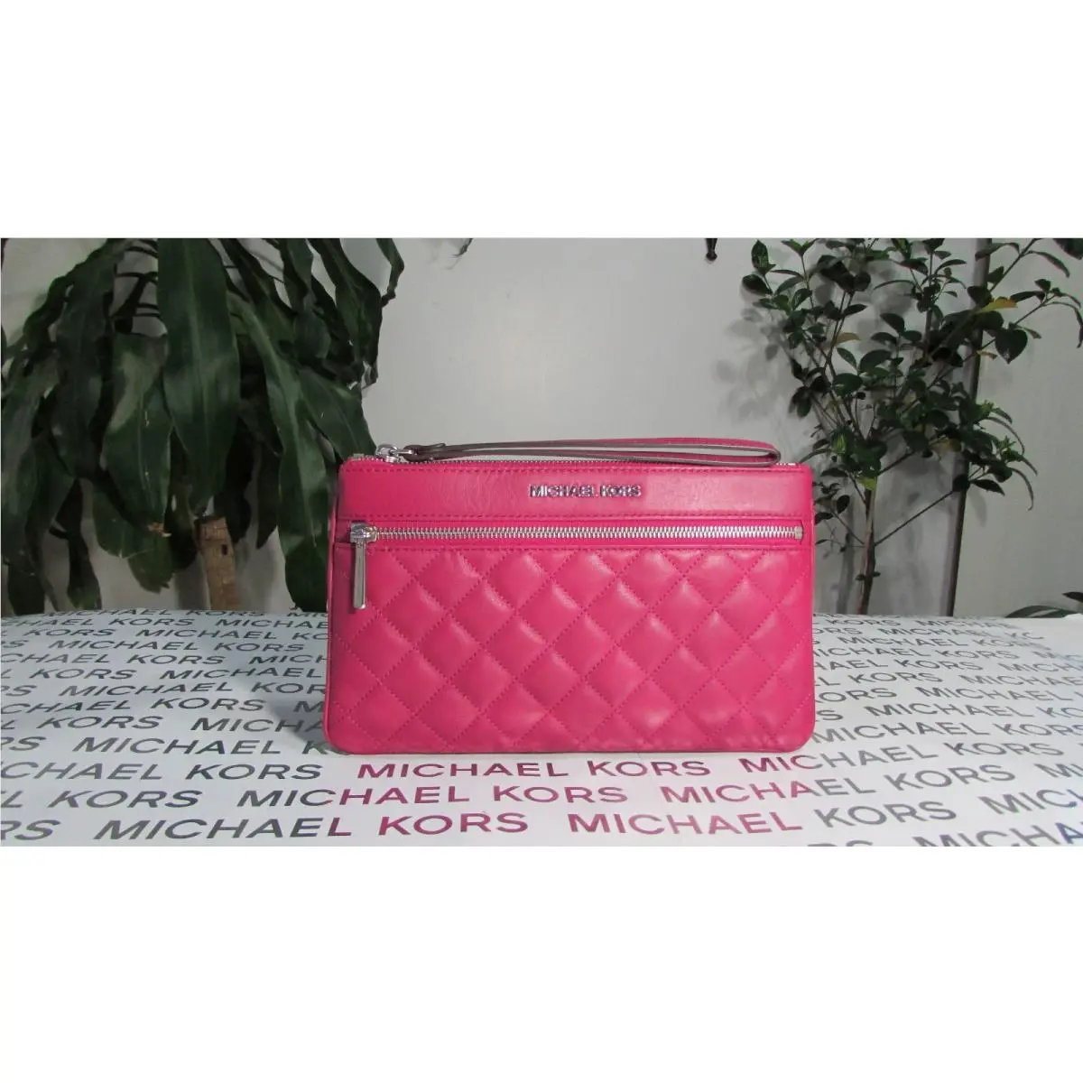 Michael Kors Selma Quilt Leather Large Zip Clutch Wristlet Deep Pink