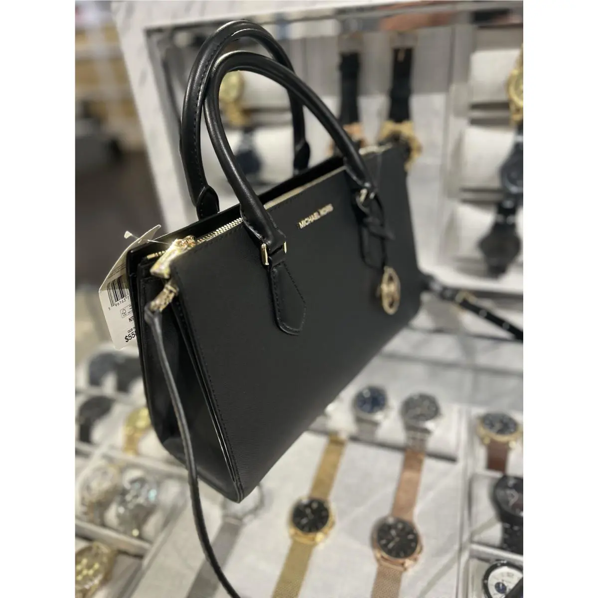 Michael Kors MK Medium Black Satchel Bag Handbag Purse Messenger Shoulder