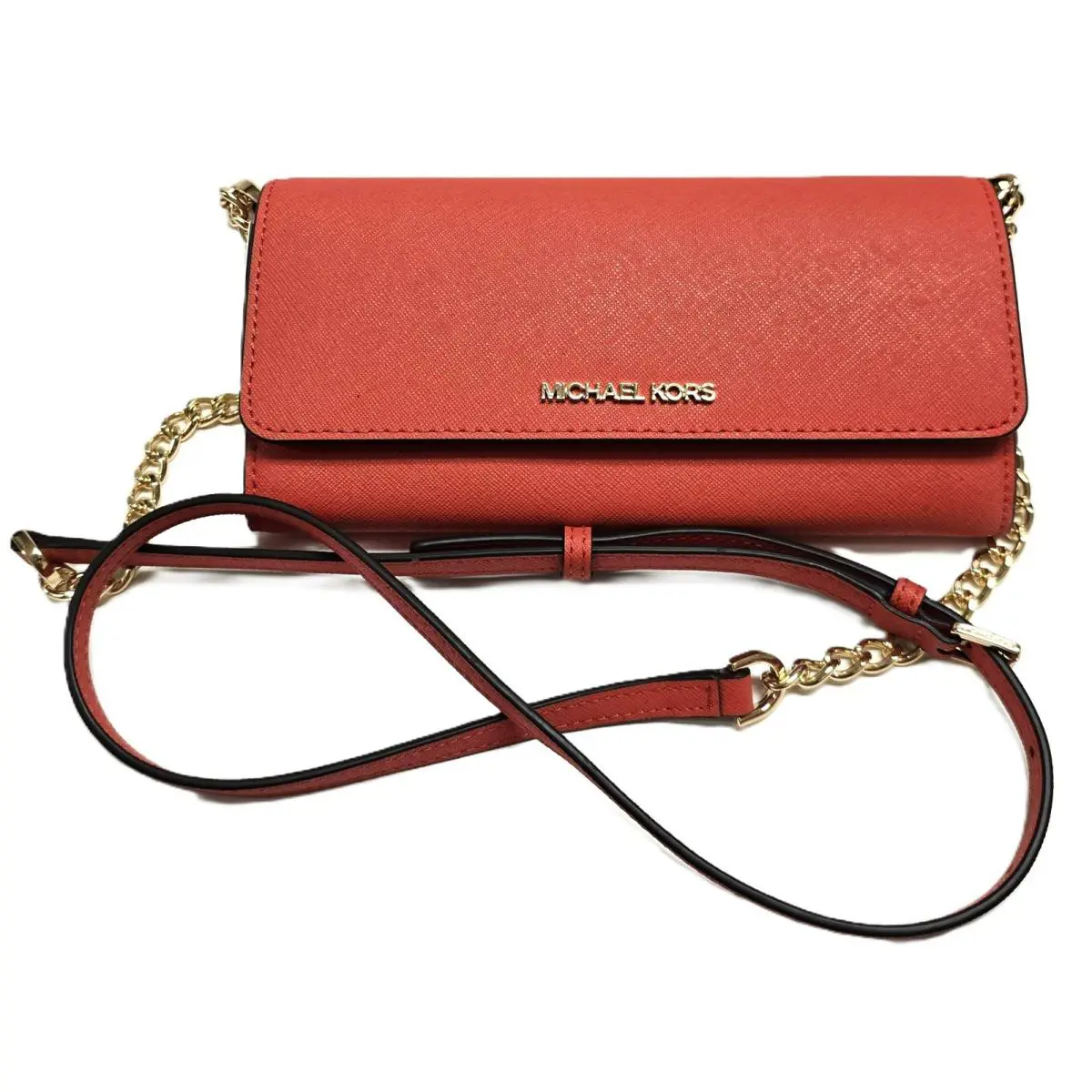 Michael Kors Spiced Coral Red Gold Leather LG Wallet ON Chain Crossbody Hand Bag