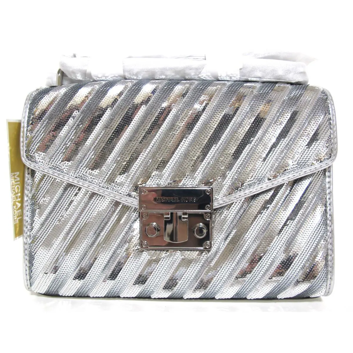 Michael Kors Rose Sequins on Leather Medium Flap Shoulder Silver