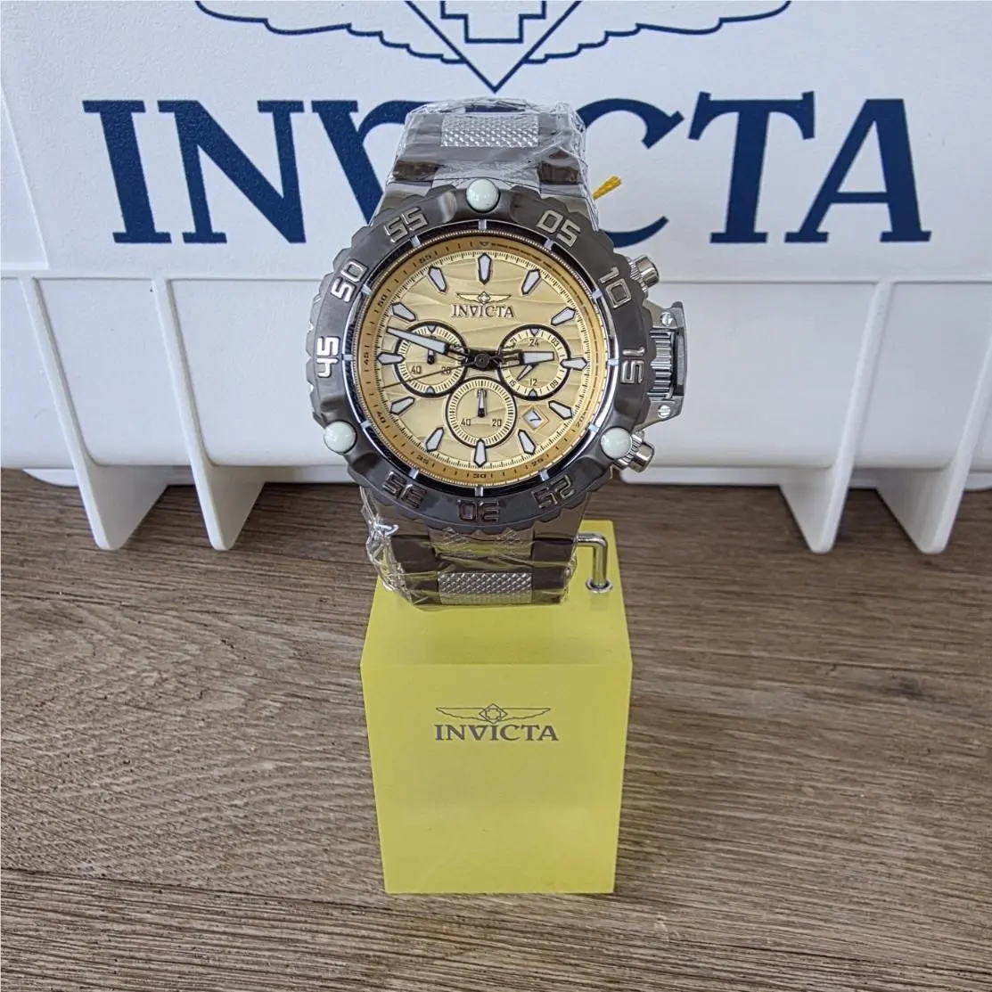 Subaqua Poseidon Quartz Chronograph Gold Dial Brown Rubber Strap 55.4mm by Invicta