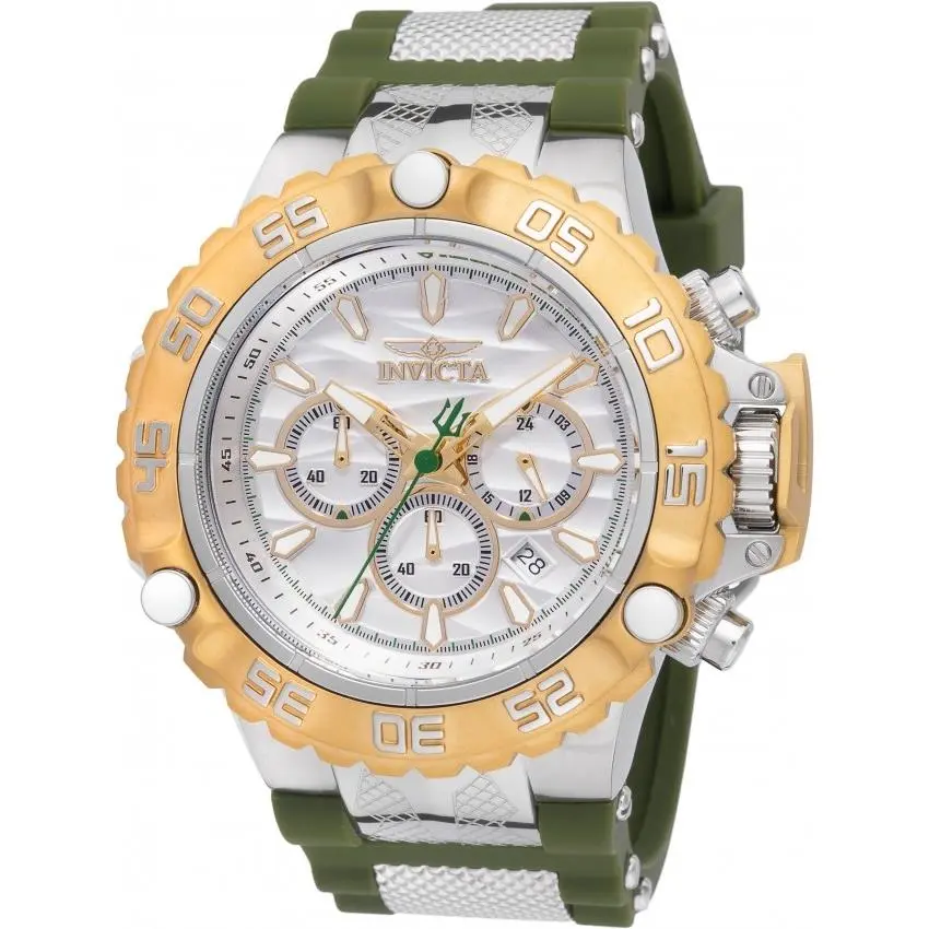 Invicta Subaqua Poseidon Chronograph Gmt Quartz Silver Dial Men`s Watch 48554 - Dial: Silver, Band: Two-tone (Olive Green and Silver-tone), Bezel: Silver-tone and Gold