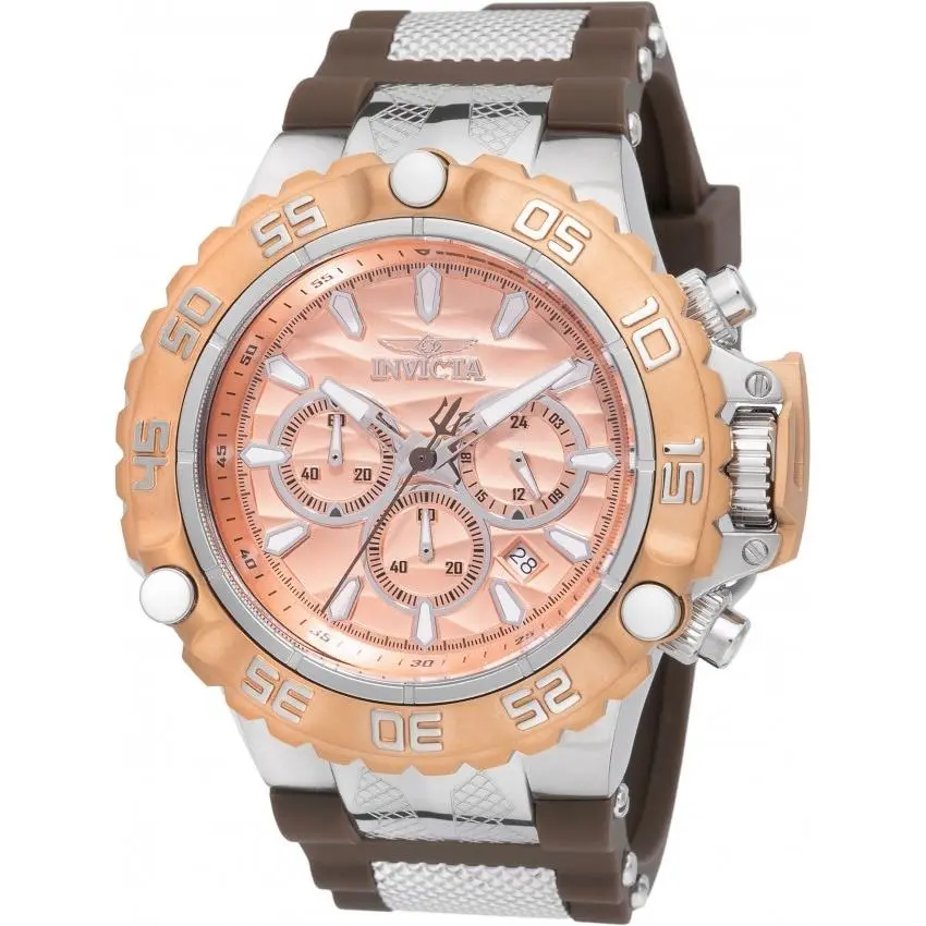 Invicta Subaqua Poseidon Chronograph Gmt Quartz Men`s Watch 48556 - Dial: Rose Gold, Band: Two-tone (Brown and Silver-tone), Bezel: Silver-tone and Rose Gold
