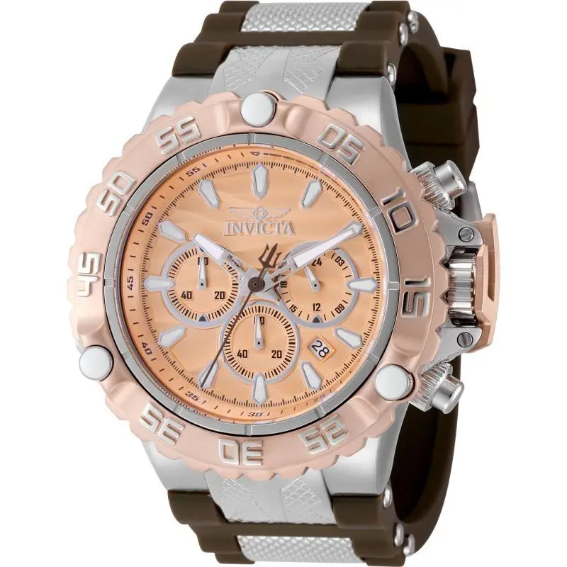 Invicta Men`s Watch Subaqua Poseidon Quartz Chrono Silver and Brown Strap 48556 - Dial: Rose Gold, Band: Brown, Silver