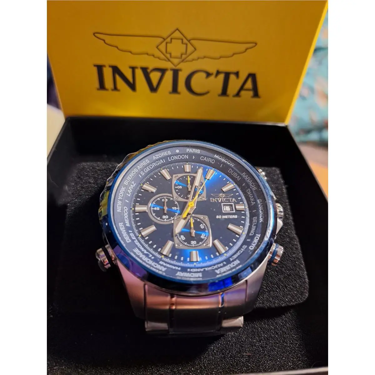 Invicta Aviator Men`s Quartz Watch 50mm Steel 47818 Blue Dial Silver Tone