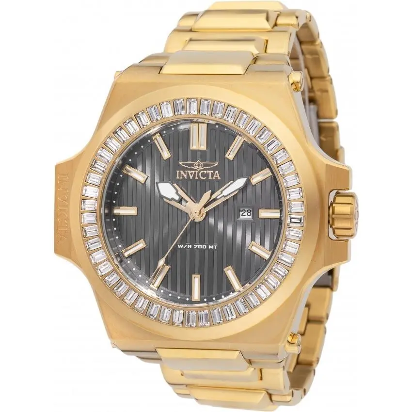 Invicta Akula Quartz Crystal Gunmetal Dial Men`s Watch 49137 - Dial: Gunmetal, Band: Gold-tone, Bezel: White and Gold
