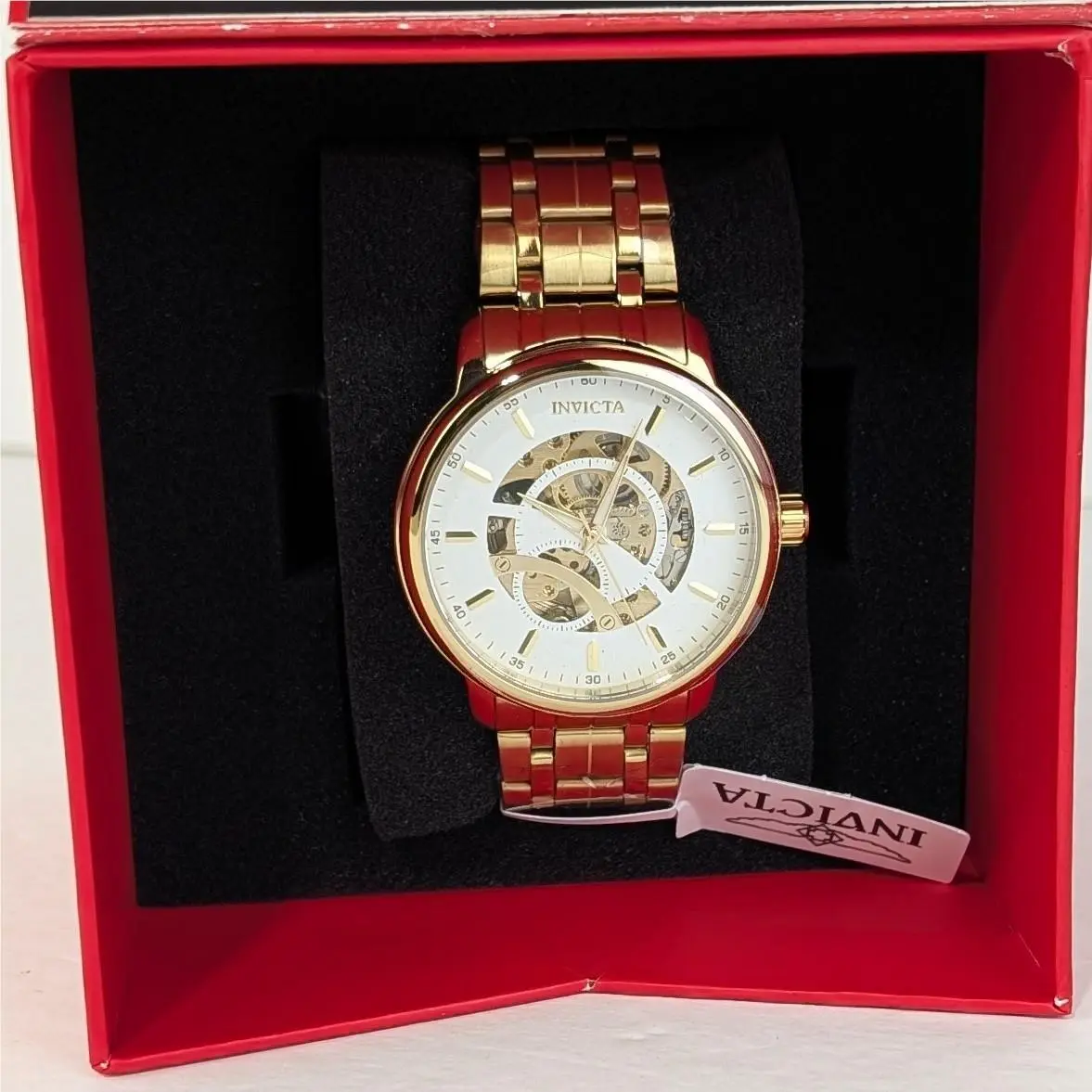 Invicta Objet D Art Men`s 42.5mm Automatic Watch Gold White Skeleton Dial 69120