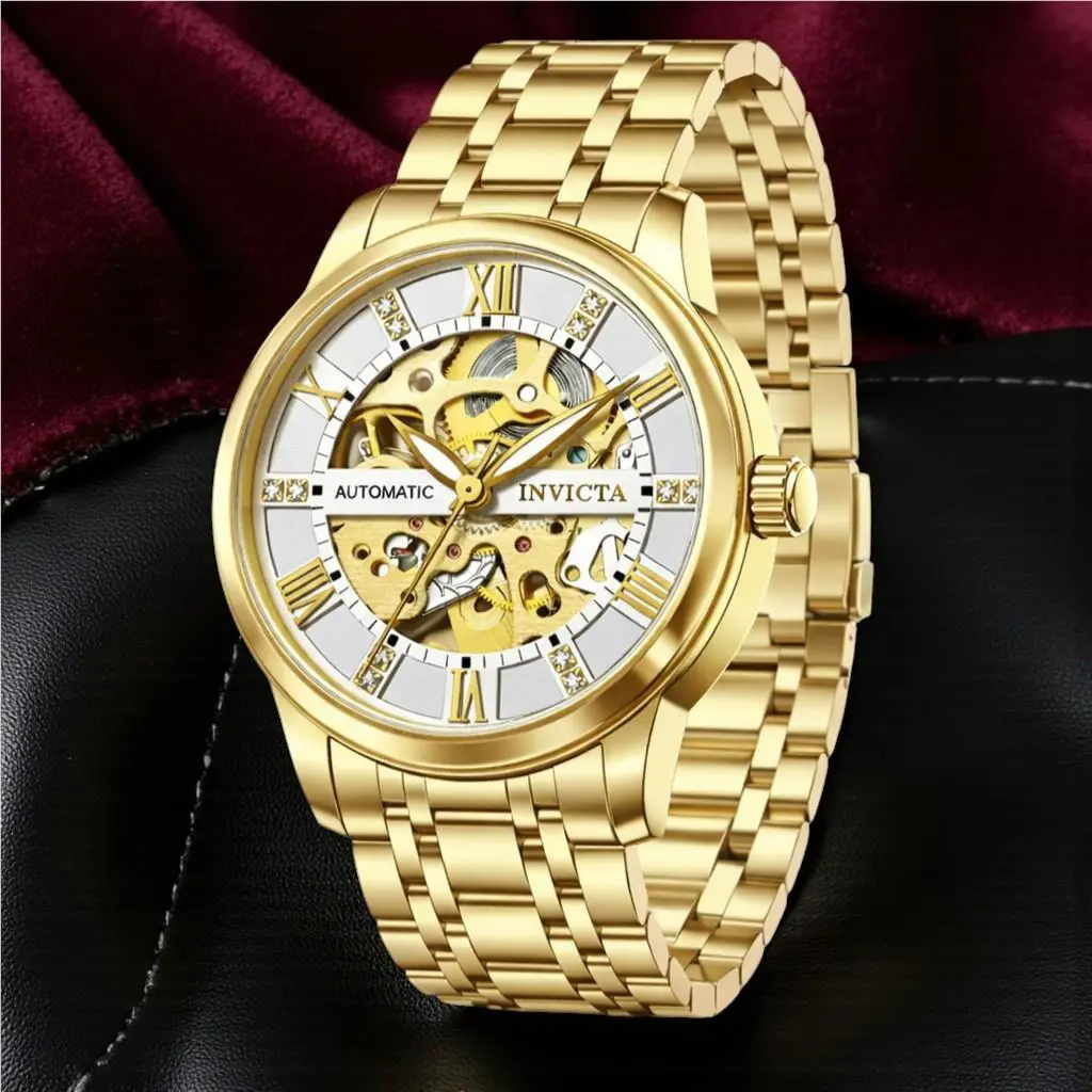 Men`s Invicta Automatic Watch Objet D Art Skeleton Dial Stainless Steel - 69116