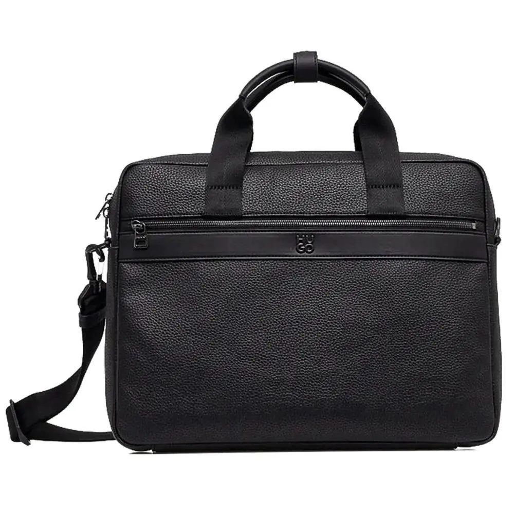 Mens Black Quantic Stacked Logo Leather Document Briefcase Bag OS by Hugo Boss