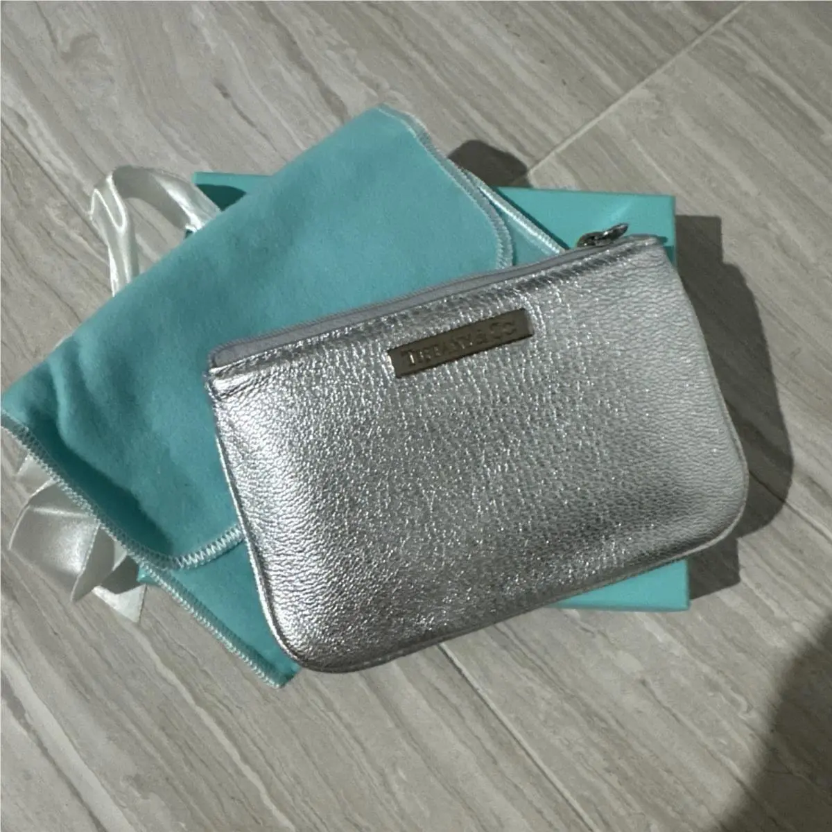 Tiffany Co. Silver Grain Leather Compact Small Zipper Pouch Bag Tote