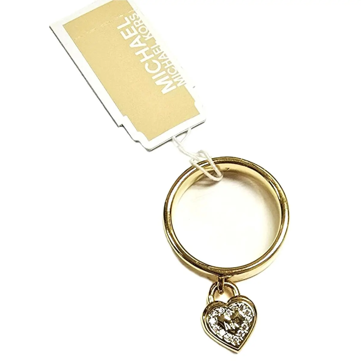 Michael Kors Gold Tone Danglin Heart Shape Pave Crystal Logo Brass Ring Band