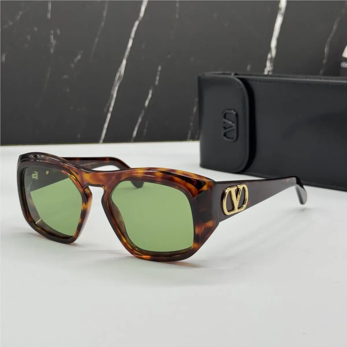 Valentino VLS-179B Havana Green Geometric Sunglasses Valentino - Frame: Havana, Lens: Green