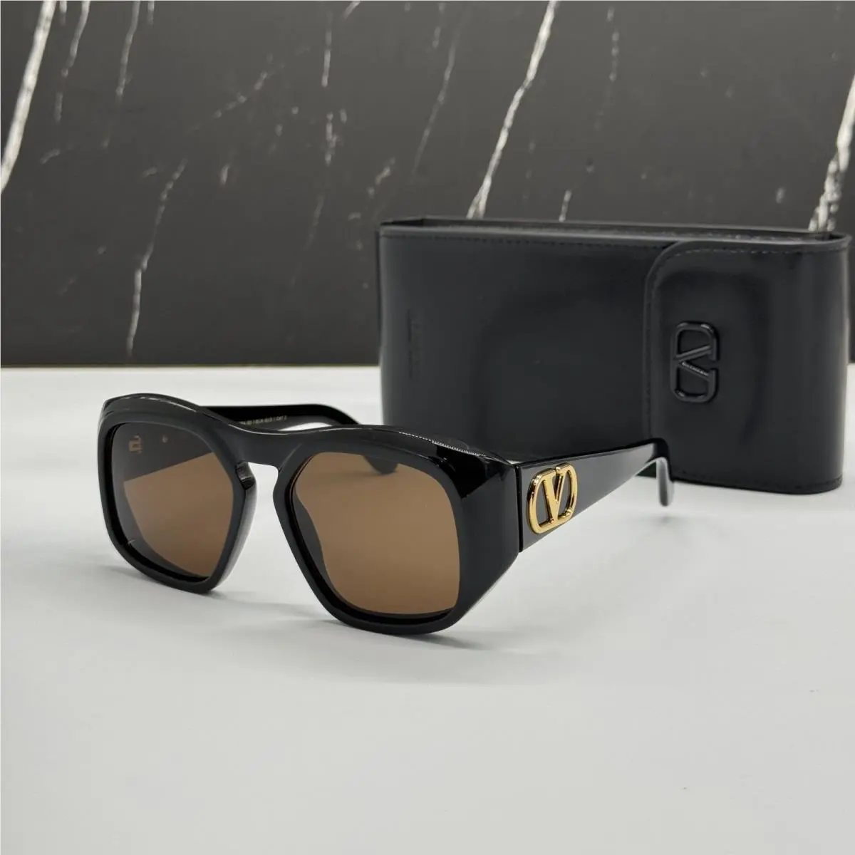 Valentino VLS-179A Black Brown Geometric Sunglasses Valentino