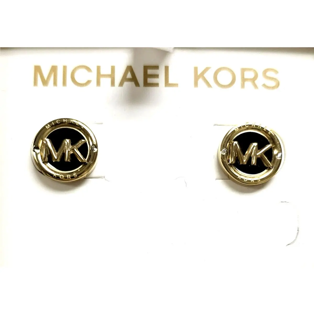 Gold Tone Black Enamel Crystal Round Logo Stud Earrings +box by Michael Kors