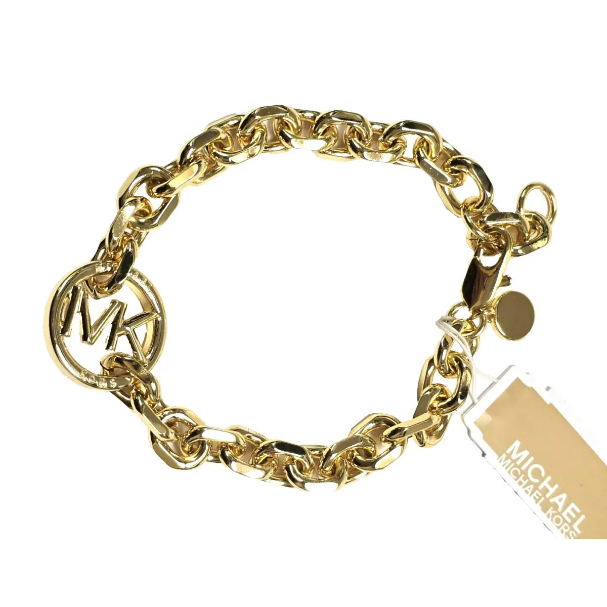 Michael Kors Polished Gold Tone Chain Link Circle Logo MK Bracelet