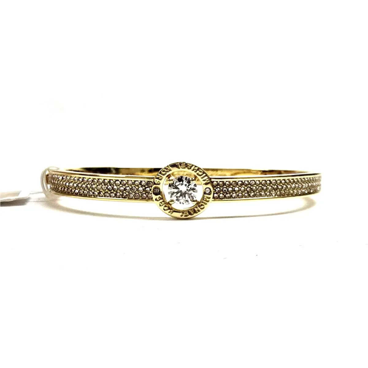Michael Kors Gold Tone Crystal Pave Stud MK Logo Hinge Bangle Bracelet