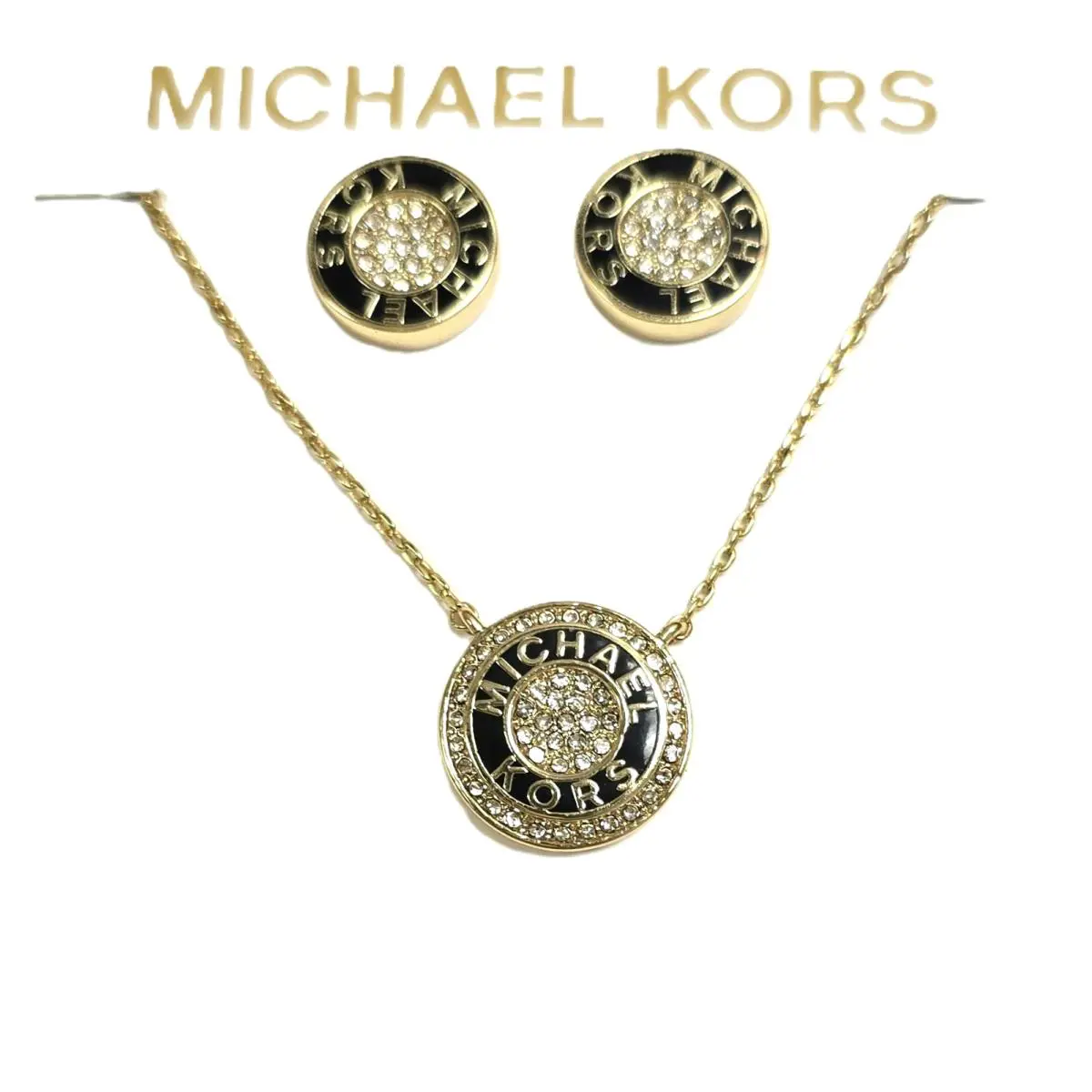 Michael Kors Set OF Gold Tone Black Enamel Crystal Pave Necklace Stud Earrings