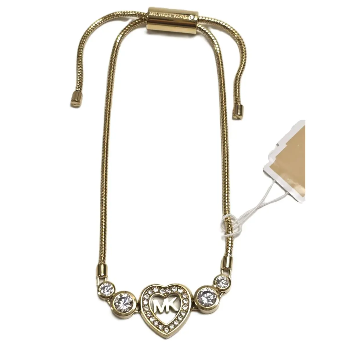 Michael Kors Gold Tone Snake Chain Crystal Pave Heart Shape Slider Bracelet