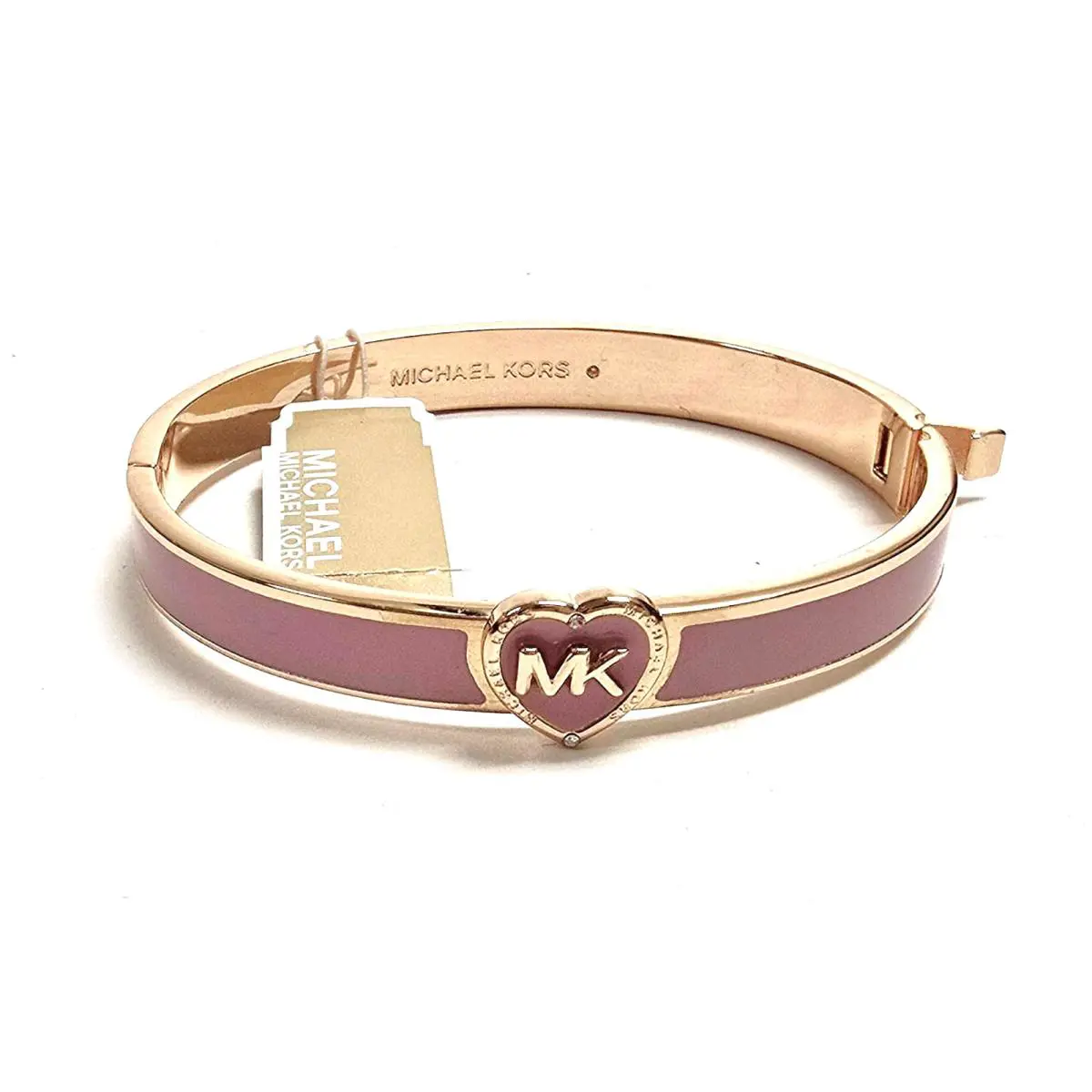 Michael Kors Rose Gold Tone Pink Mauve Enamel Heart MK Hinge Bangle Bracelet