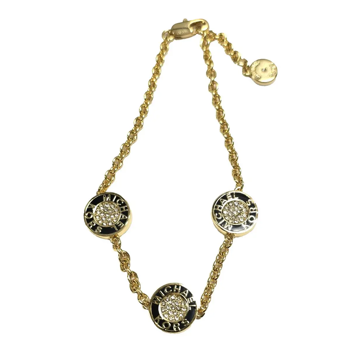 Michael Kors Gold Tone Chain Crystal Pave Black Enamel Charm Bracelet