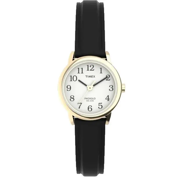 Timex Easy Reader 25mm Black Leather Strap Women`s Watch T20433 - Dial: White, Band: Black, Bezel: Gold