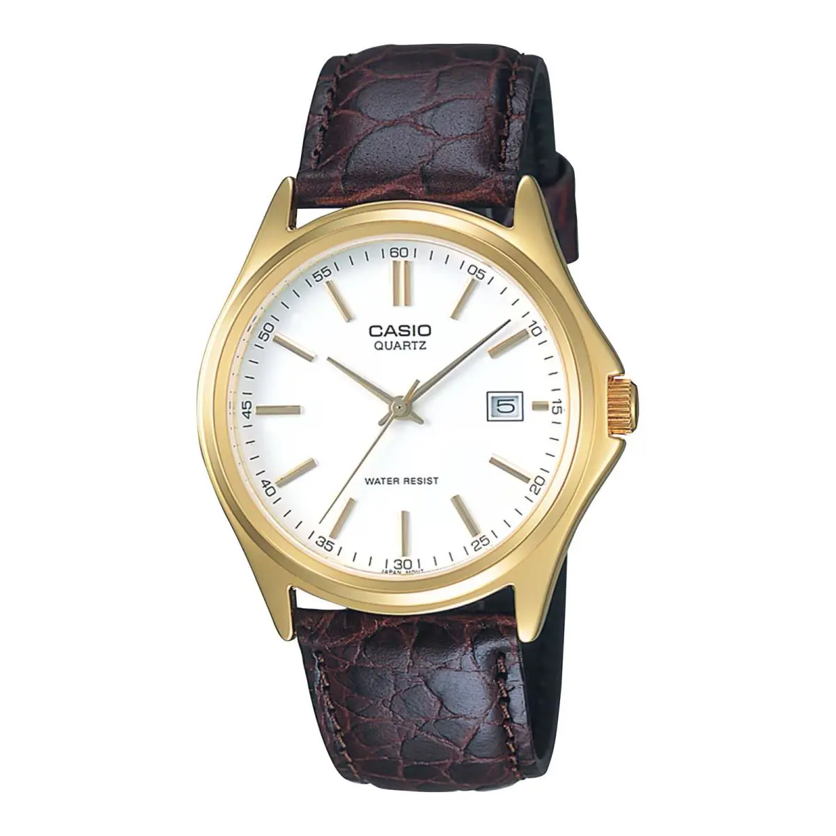 Casio Men s Gold-tone Analog Watch with White Dial and Brown Leather Strap
