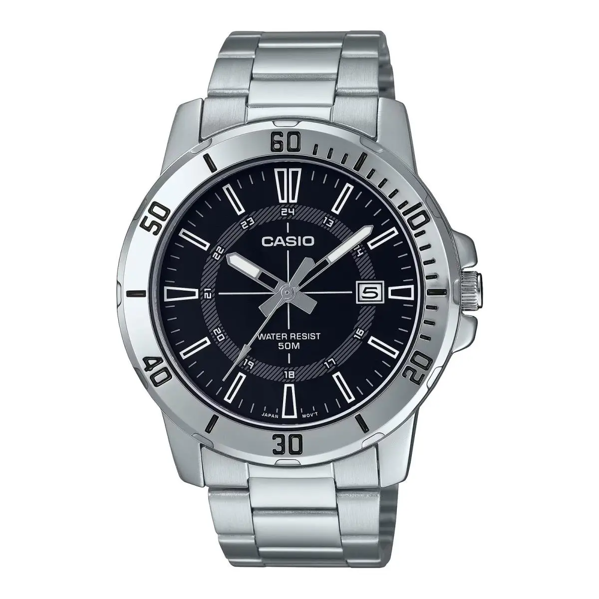 Casio Men s Silver Analog Watch with Black Dial and Date Display