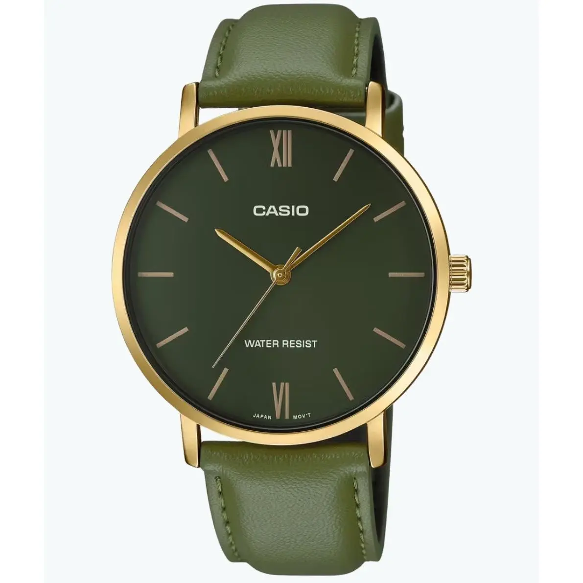 Men`s Analog Leather Watch MTPVT01GL-3B Green Dial Green Leather Band by Casio