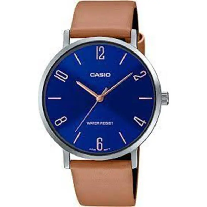 Casio MTP-VT01L-2B2UDF Men`s Blue Dial Brown Leather Band Analog Men`s Watch